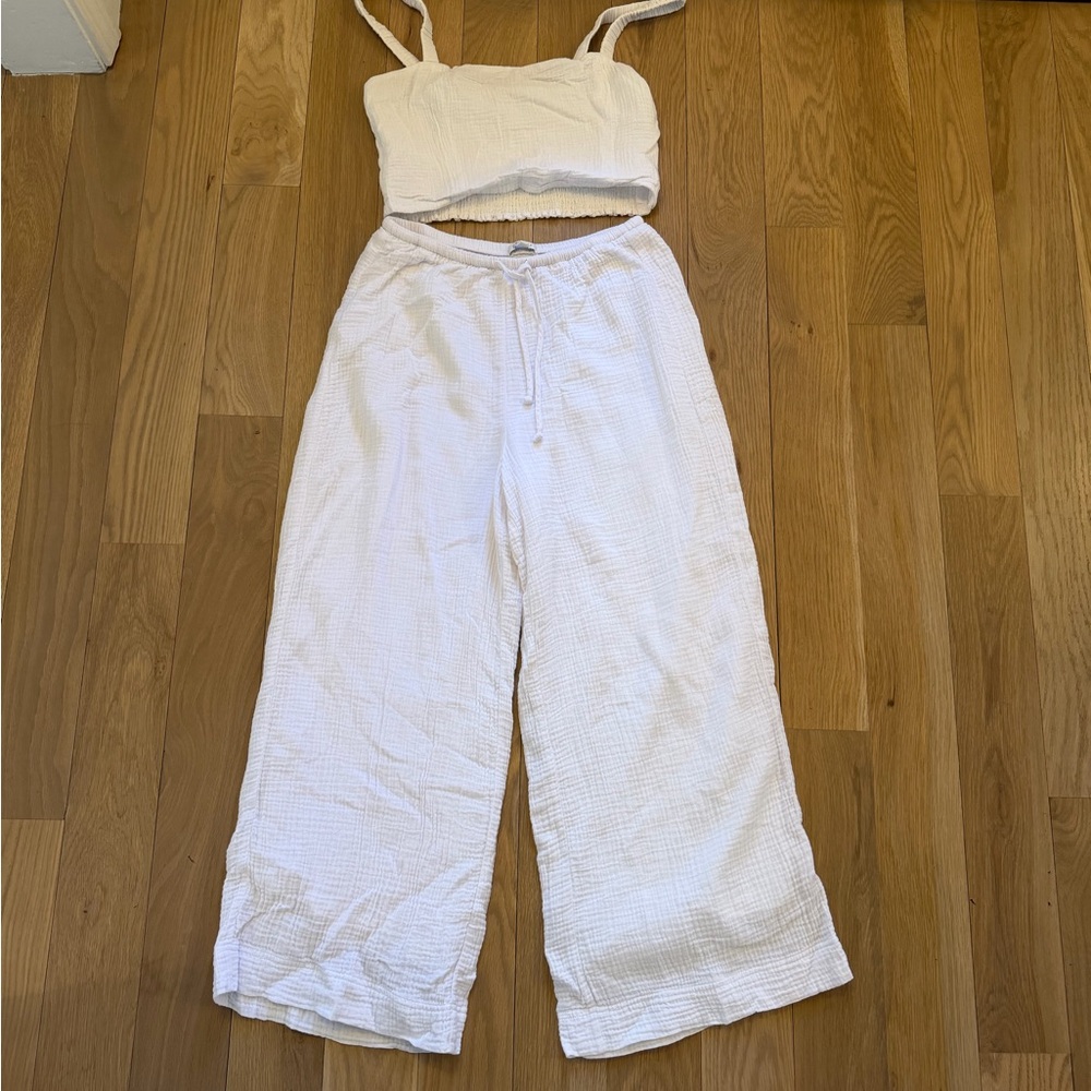 Z Supply Cream Wide Leg Pants & Crop Tank & Button Up